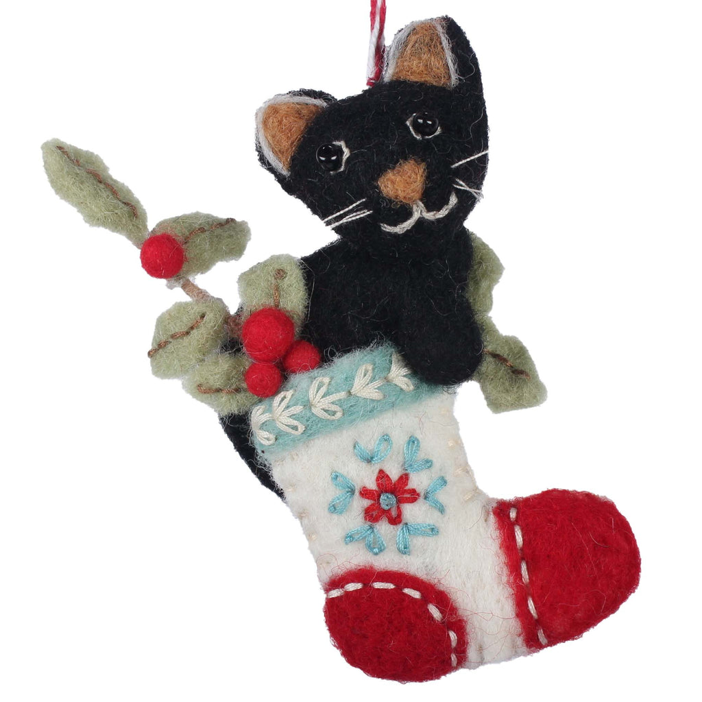 Black Kitty in Stocking Felt Christmas Ornament