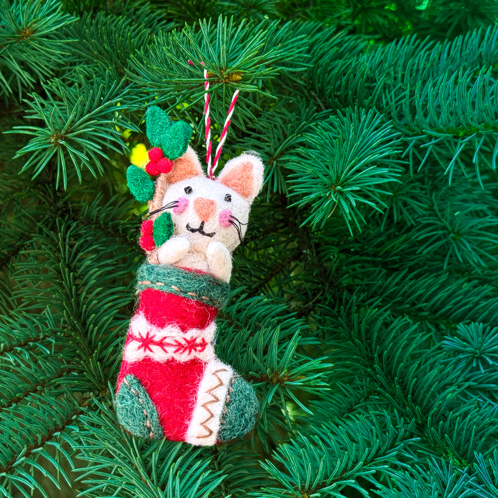 White Kitty in Stocking Felt Christmas Ornament
