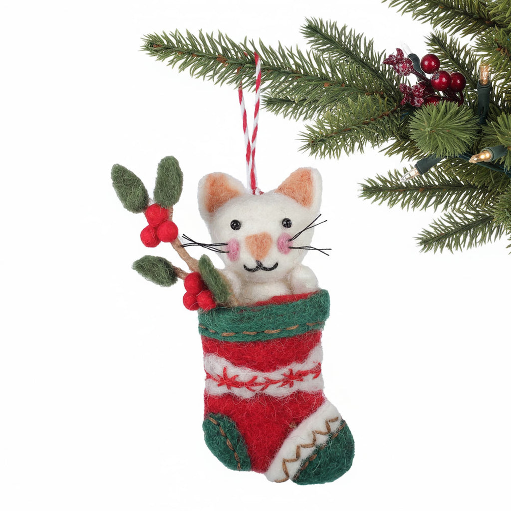 White Kitty in Stocking Felt Christmas Ornament
