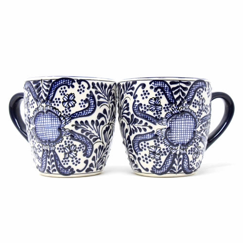 Rounded Mugs - Blue Flowers Pattern, Set of Two - Encantada