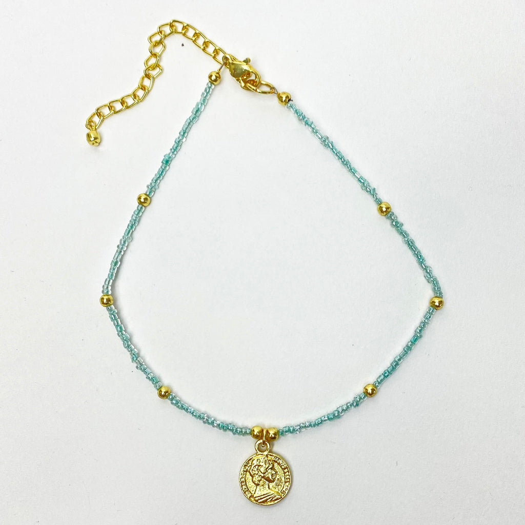 Baby blue Glass Bead Choker with Brass Coin Pendant