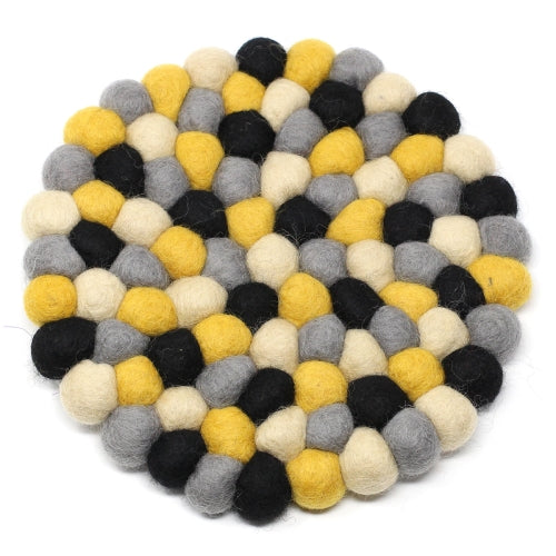Hand Crafted Felt Ball Trivets from Nepal: Round, Mustard - Global Groove (T)