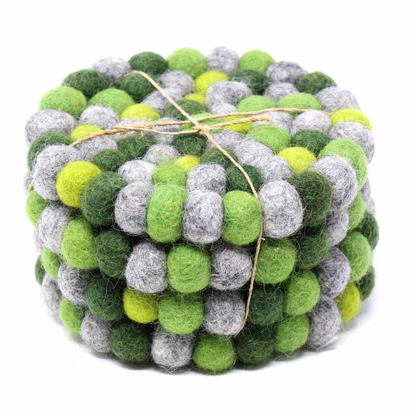 Hand Crafted Felt Ball Coasters from Nepal: 4-pack, Chakra Greens - Global Groove (T)