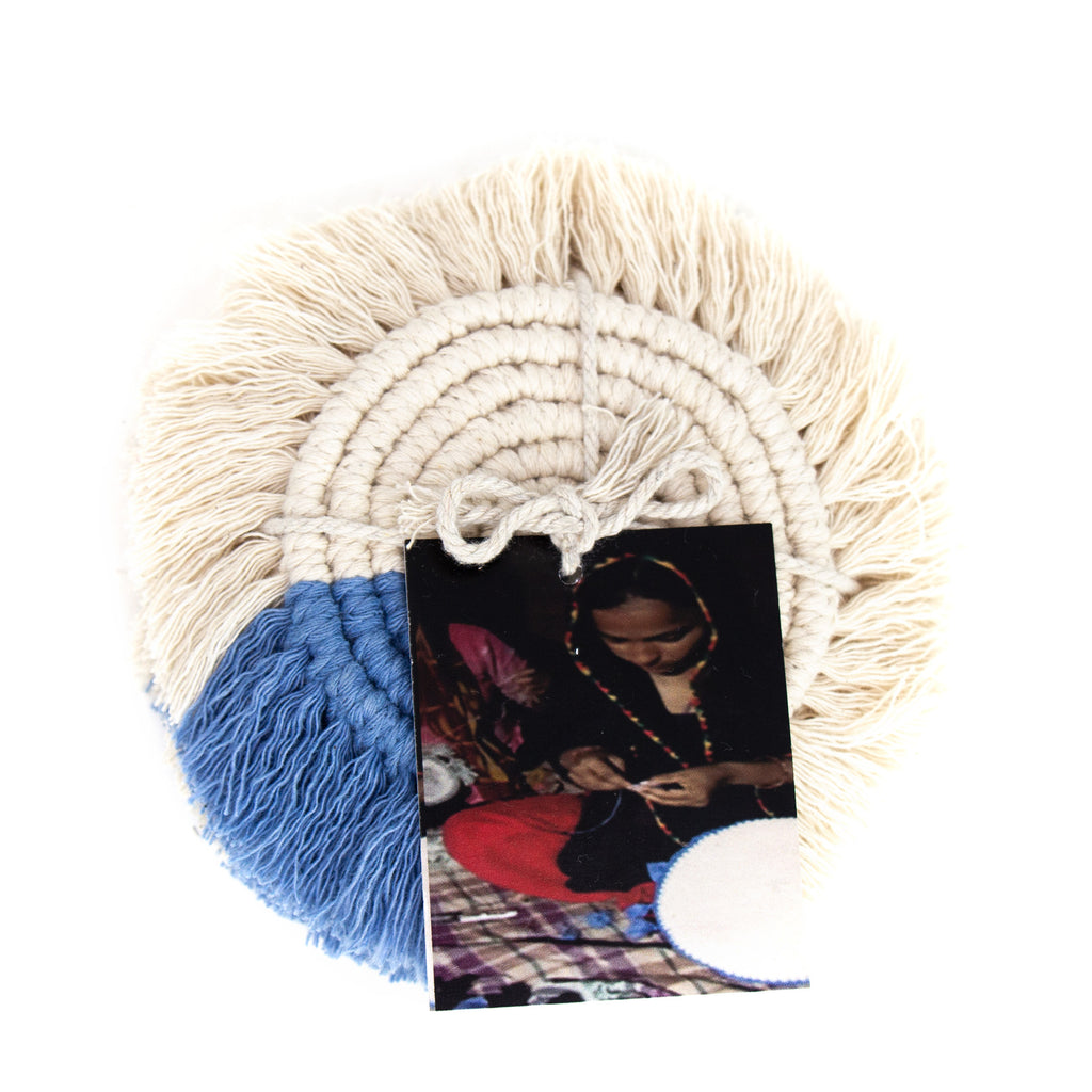 Macrame Coasters in Blues with fringe, Set of 4