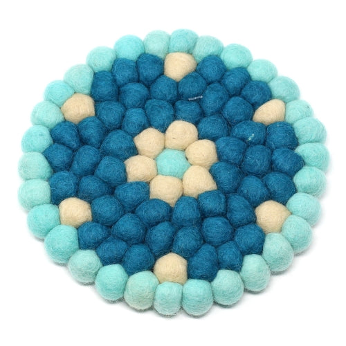 Hand Crafted Felt Ball Trivets from Nepal: Round Flower Design, Turquoise - Global Groove (T)