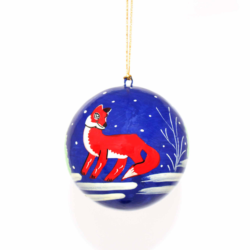 Handpainted Fox & Bird Ornaments, Set of 2