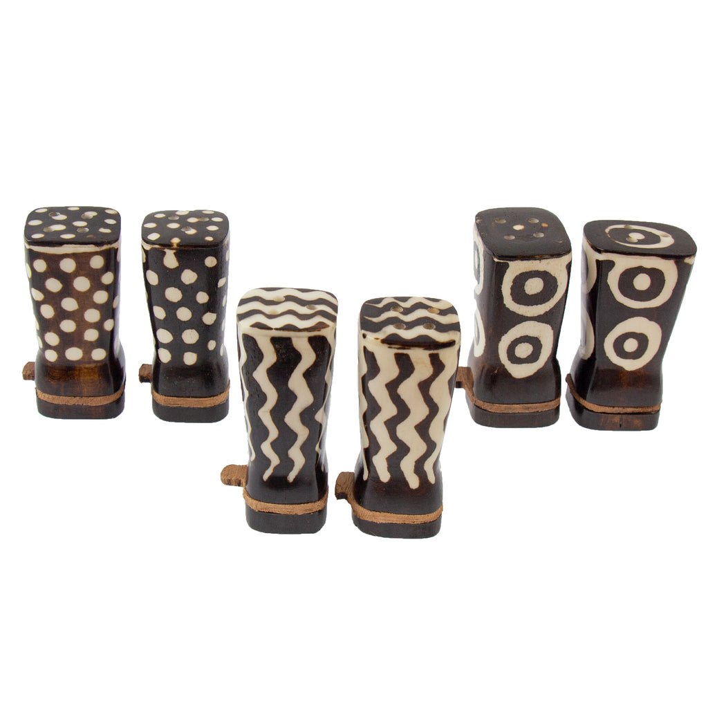 African Natural Bone Salt & Pepper Shakers, Traditional Batik Designs