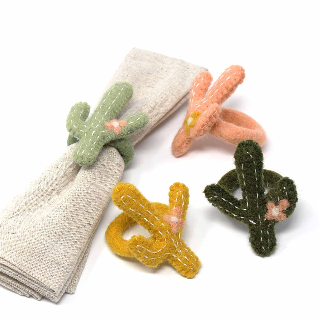 Hand-felted Cactus Napkin Rings, Set of Four Colors - Global Groove (T)