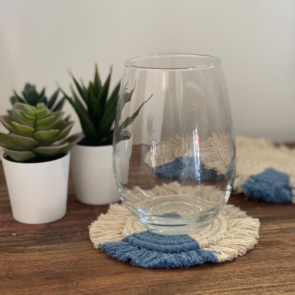 Macrame Coasters in Blues with fringe, Set of 4