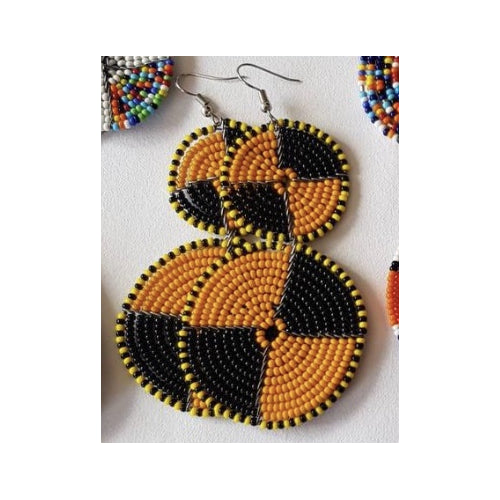 Maasai Bead Double Circle Dangle Earrings, Gold and Black