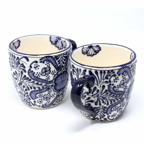 Rounded Mugs - Blue Flowers Pattern, Set of Two - Encantada