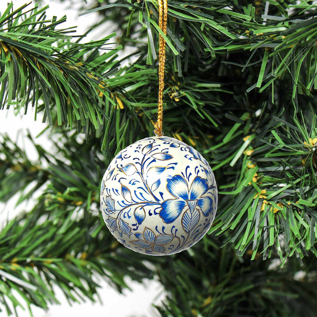 Handpainted Ornaments, Blue Floral - Pack of 3