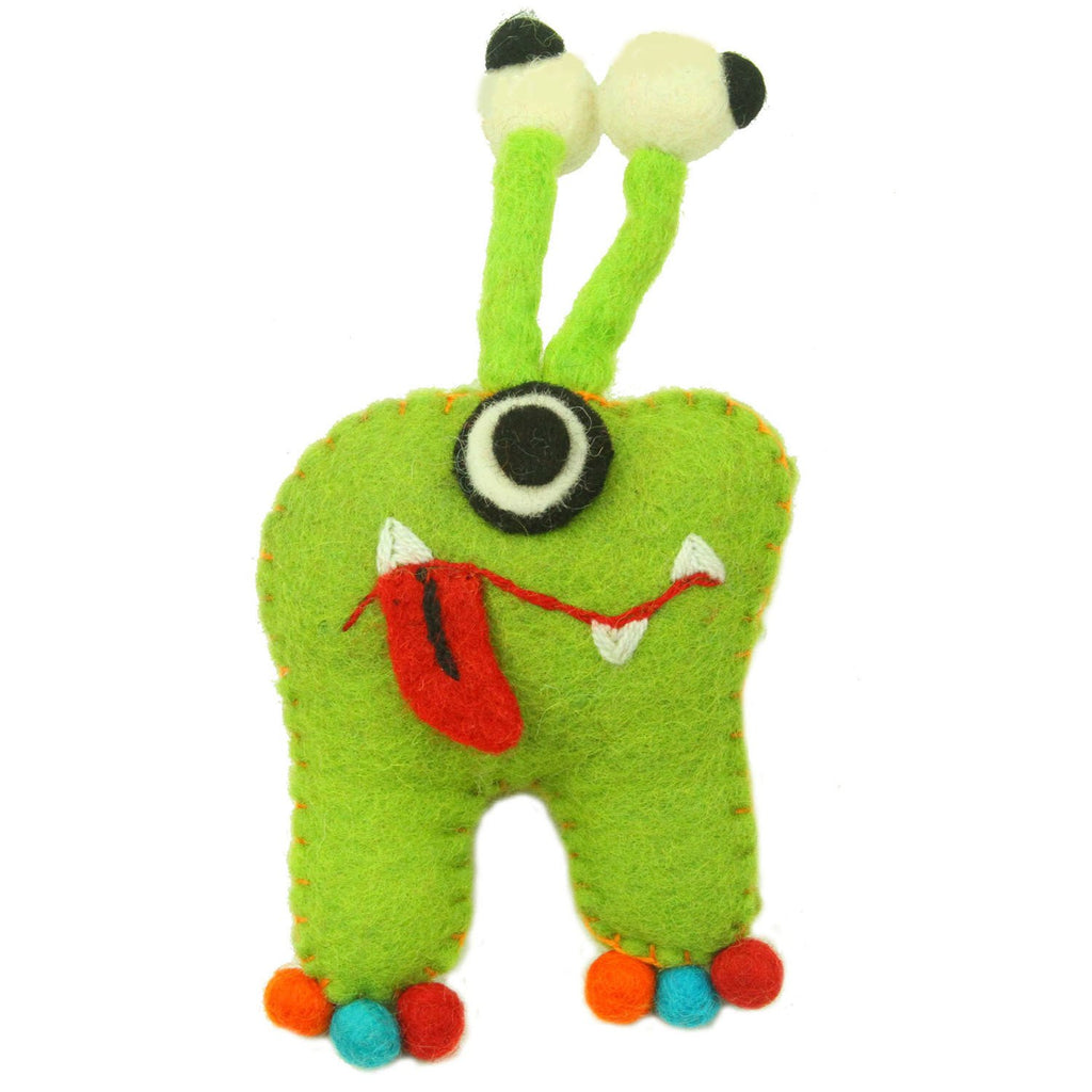 Hand Felted Green Tooth Monster with Bug Eyes - Global Groove