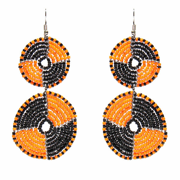 Maasai Bead Double Circle Dangle Earrings, Mango Orange and Black