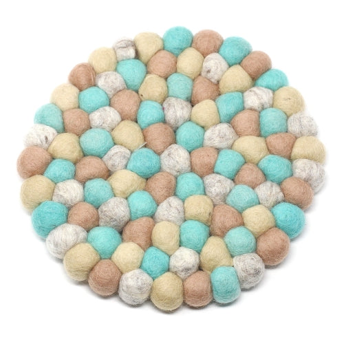 Hand Crafted Felt Ball Trivets from Nepal: Round, Sky - Global Groove (T)