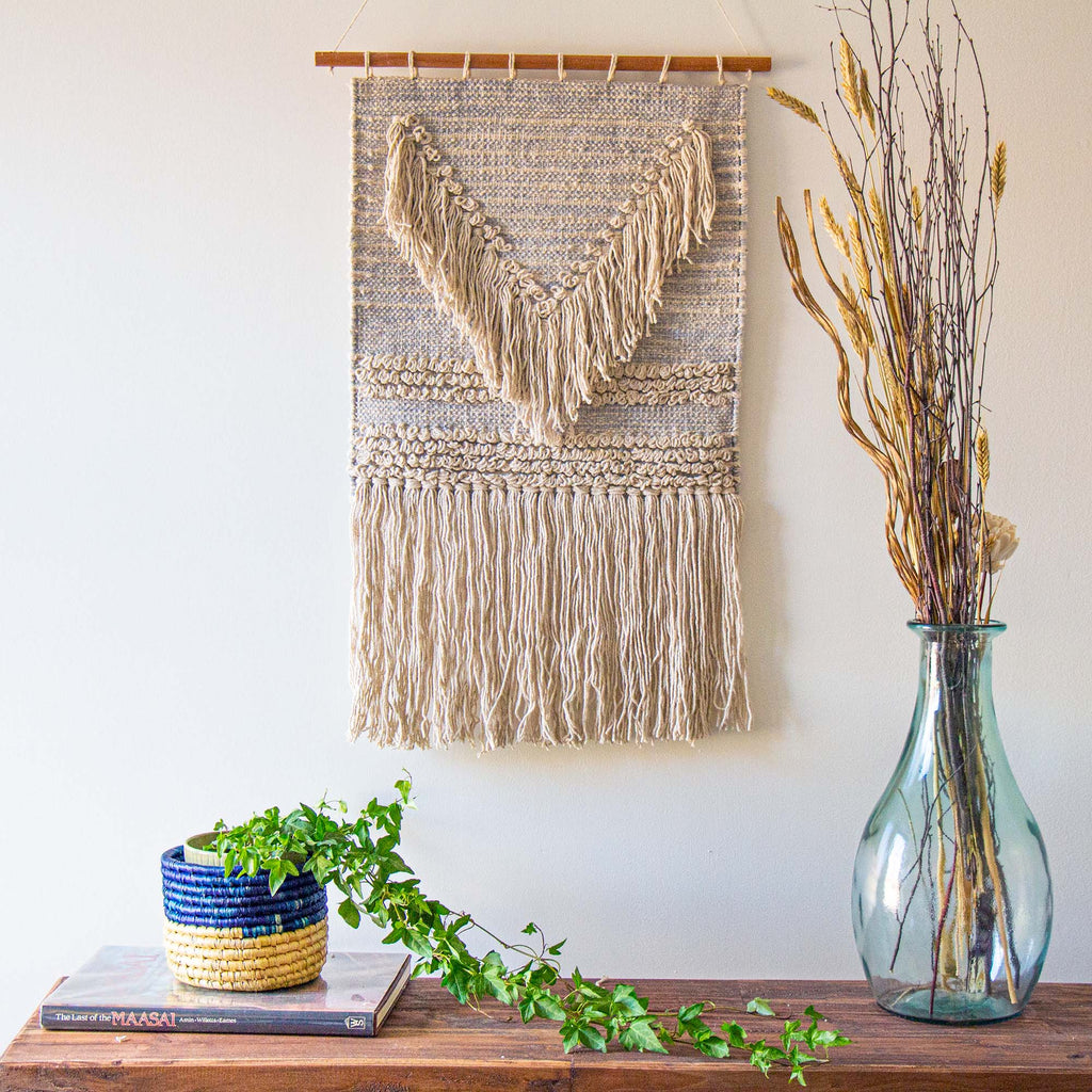 Handwoven Boho Wall Hanging, Blue Grey with Cream Fringe