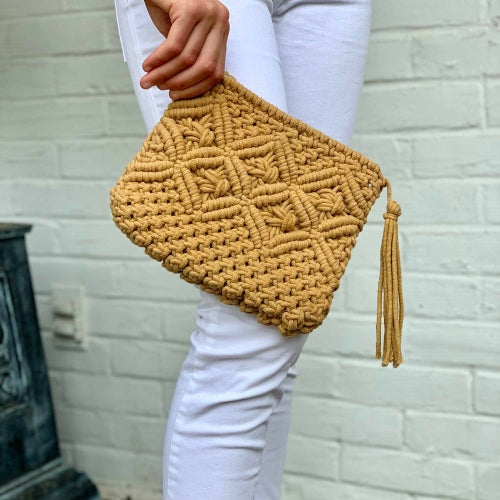 Macrame Clutch with Tassel, Tan