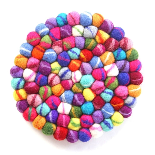 Hand Crafted Felt Ball Trivets from Nepal: Round, Rainbow - Global Groove (T)