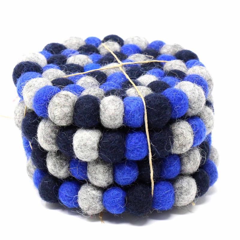 Hand Crafted Felt Ball Coasters from Nepal: 4-pack, Chakra Dark Blues - Global Groove (T)