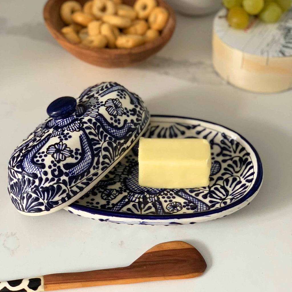 Handmade Pottery Butter Dish, Blue Flower - Encantada