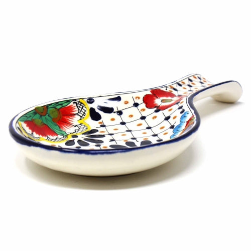 Handmade Pottery Spoon Rest, Dots & Flowers - Encantada