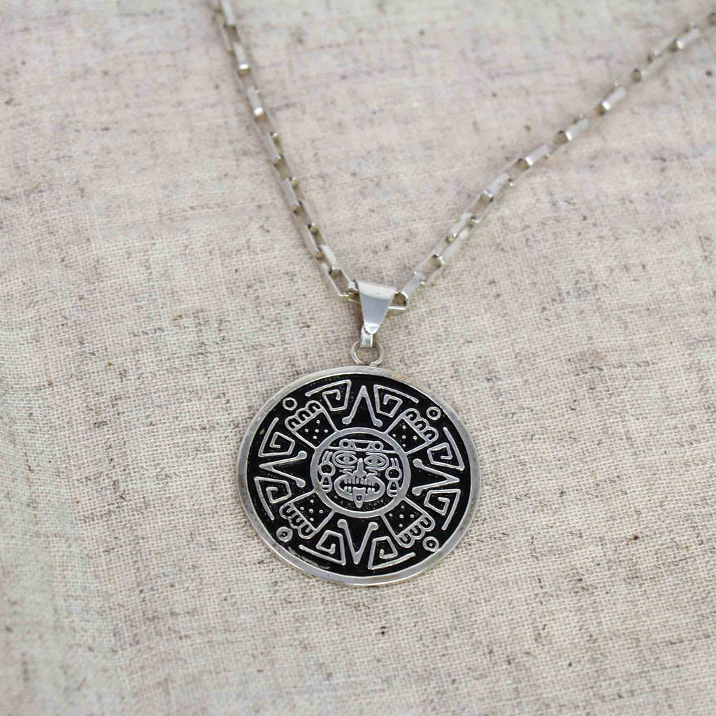 Alpaca Silver Aztec Face Pendant with Chain