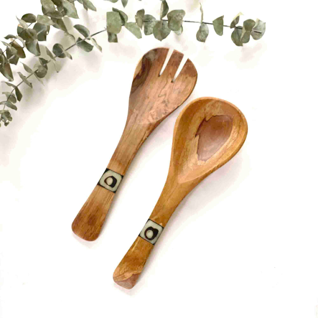 Olive Wood Serving Set, Small with Batik Inlay