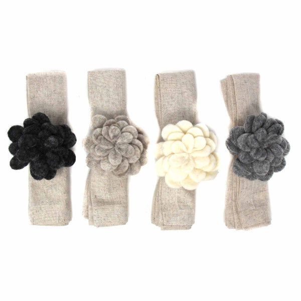 Hand Crafted Felt: Set of 4 Napkin Rings, Assorted Neutral Color Zinnias