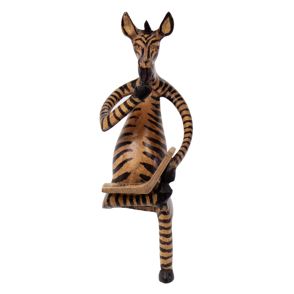 Thinking Zebra Carved Jacaranda Wood Sculpture Shelf Decor