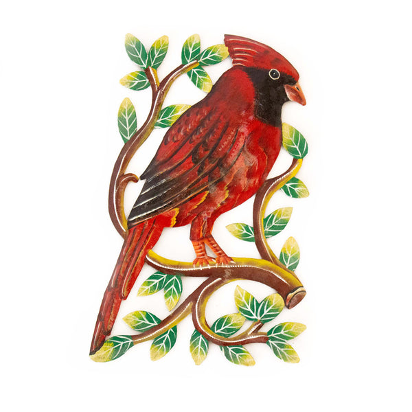 Cardinal on Branch, Painted Haitian Steel Drum Wall Art