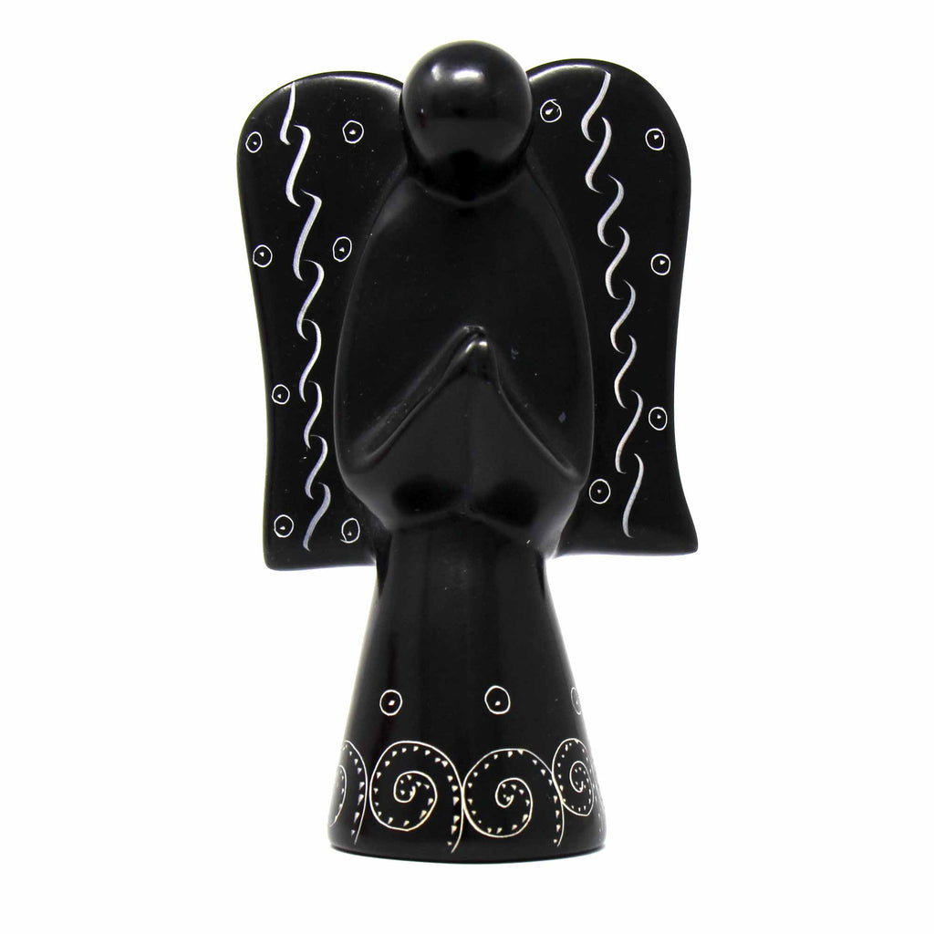 Soapstone Angel Sculpture - Black Finish with Etch Design